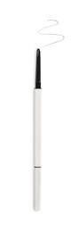 Photo of One eyebrow pencil and strokes isolated on white, top view