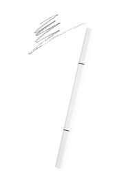 Photo of One eyebrow pencil and strokes isolated on white, top view
