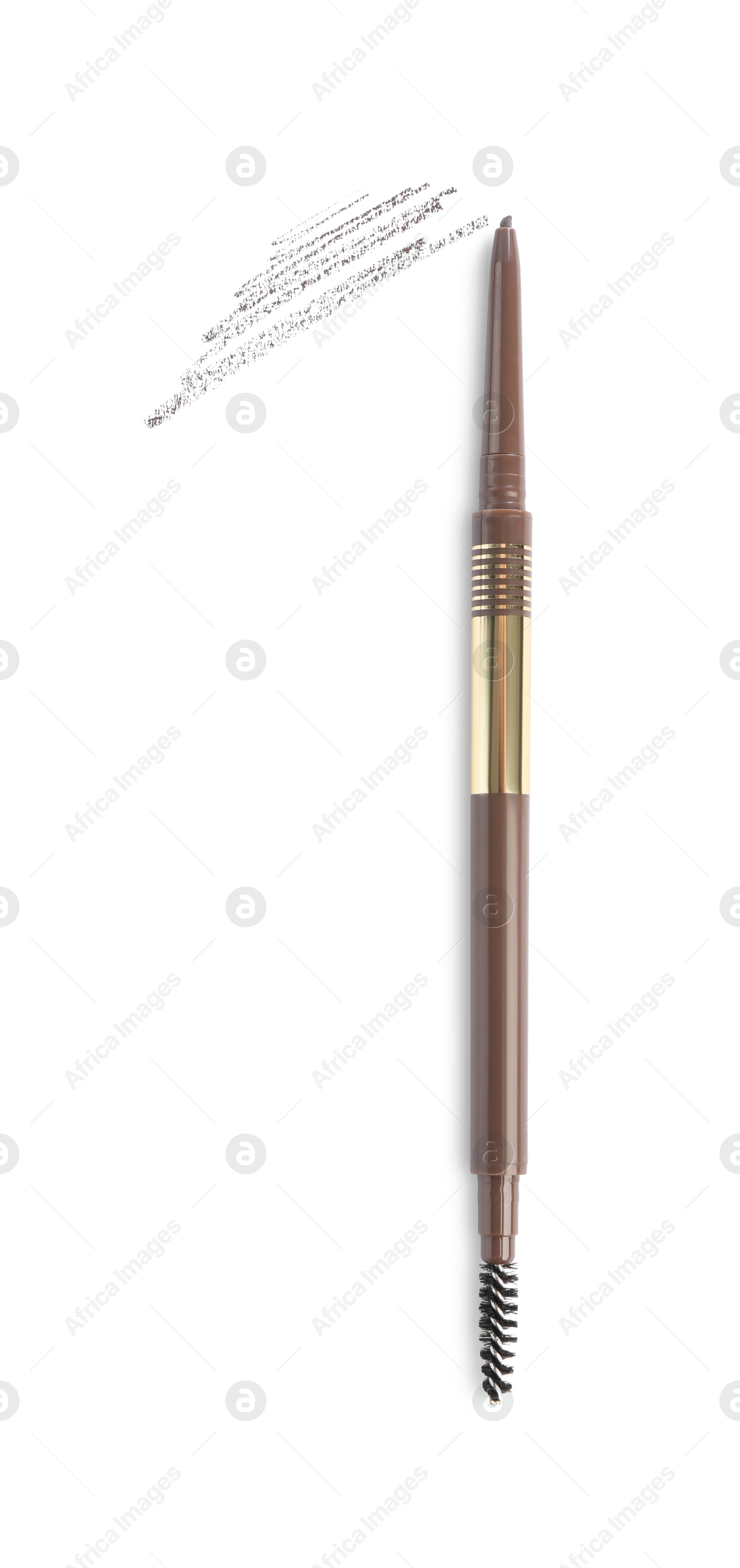 Photo of One eyebrow pencil and strokes isolated on white, top view