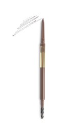 Photo of One eyebrow pencil and strokes isolated on white, top view