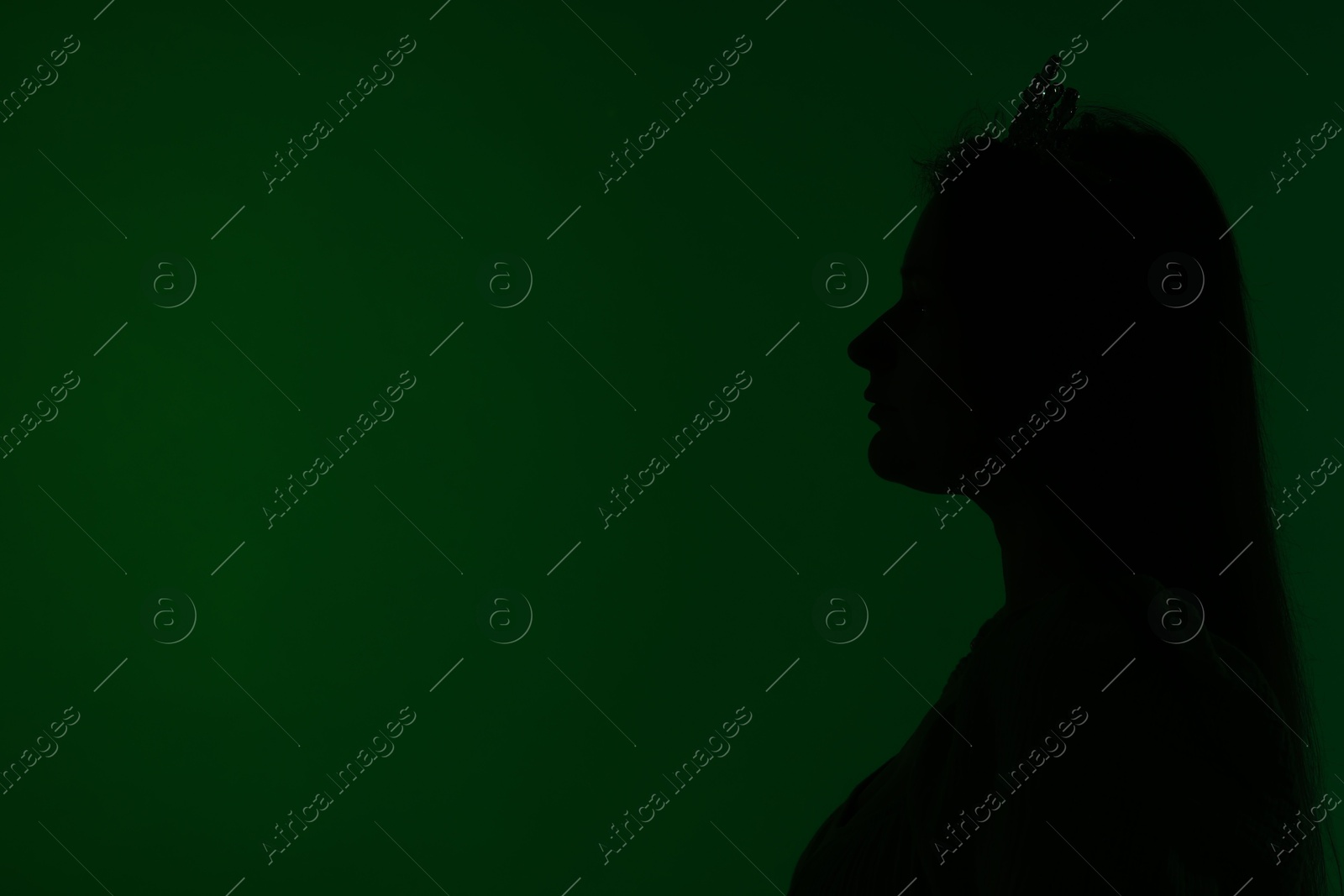 Silhouette of woman with crown on dark green background, space for text Photo of Silhouette of woman with crown on dark green background, space for text