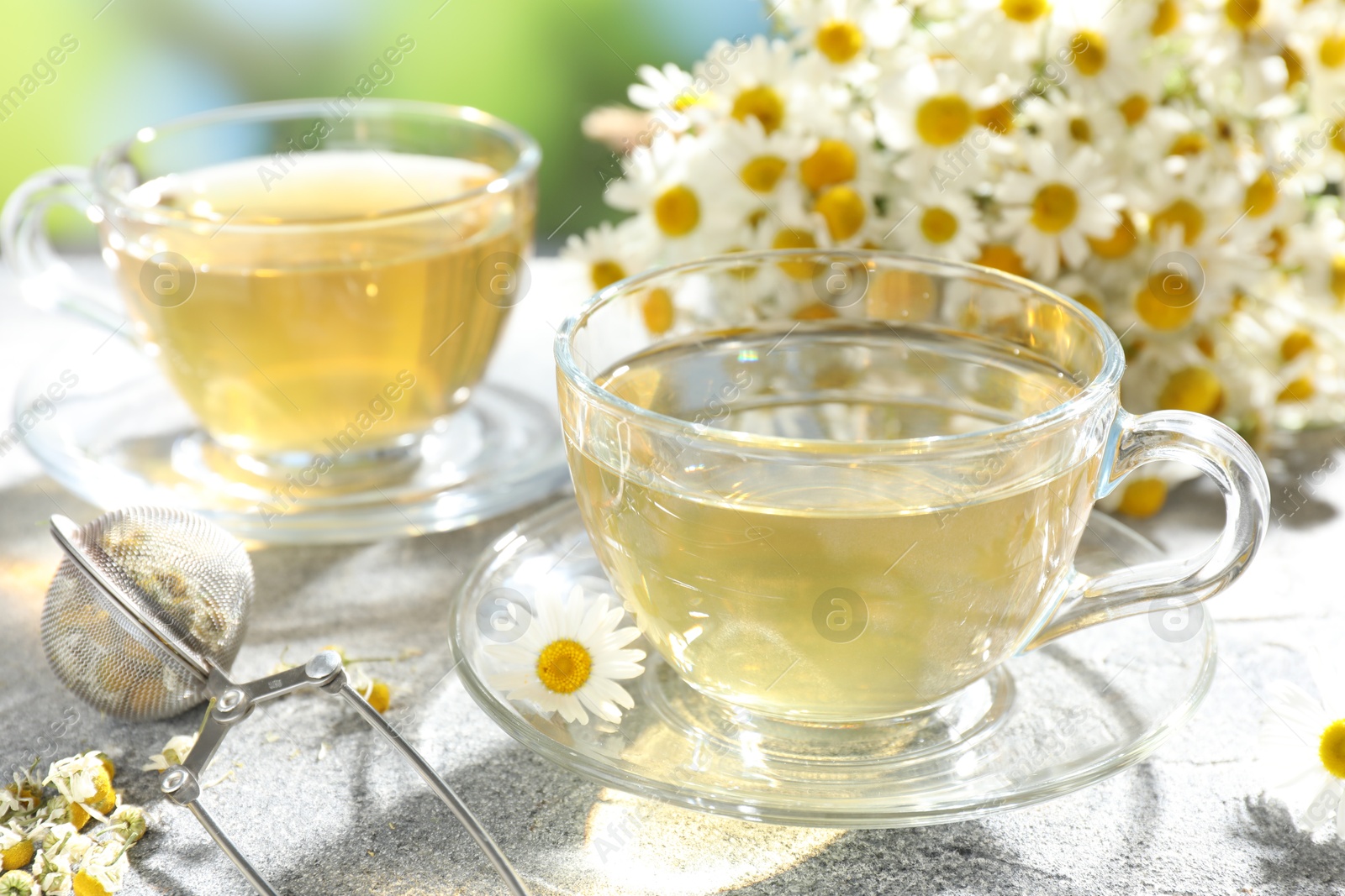 Photo of Tasty chamomile tea, infuser and flowers on light grey table, closeup