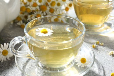 Photo of Tasty chamomile tea and flowers on light grey table, closeup