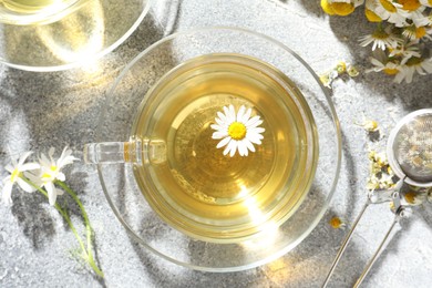 Photo of Tasty chamomile tea, infuser and flowers on light grey table, flat lay