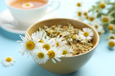 Photo of Chamomile flowers in bowl on light blue background, closeup