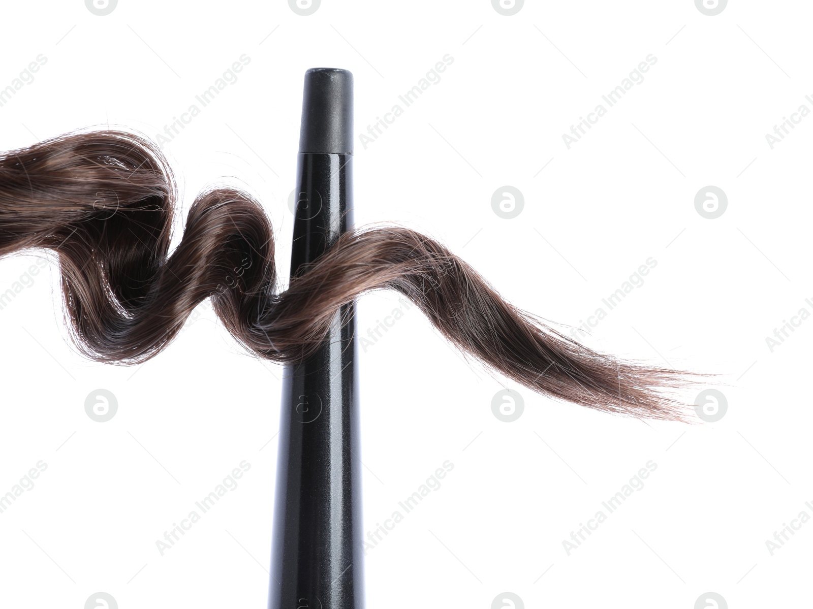 Curling iron with brown hair lock isolated on white Photo of Curling iron with brown hair lock isolated on white