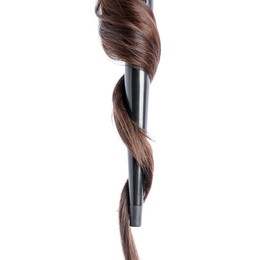 Photo of Curling iron with brown hair lock isolated on white