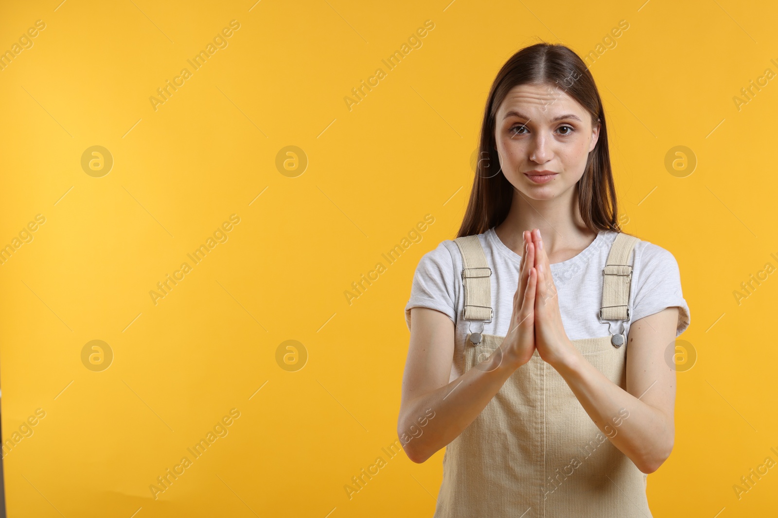 Photo of Portrait of woman with clasped hands apologizing on yellow background. Space for text