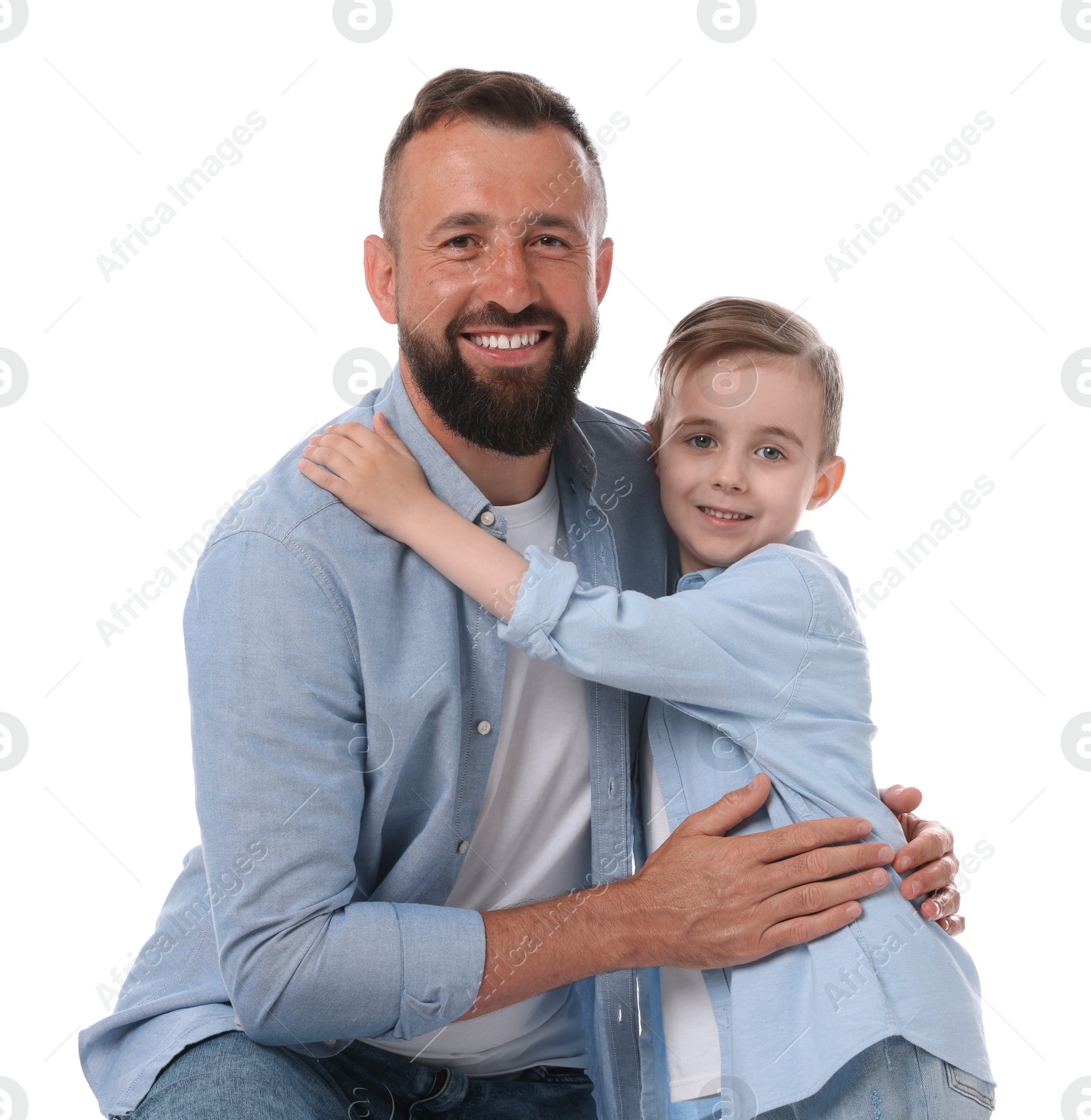 Family portrait of smiling dad and his son on white background Photo of Family portrait of smiling dad and his son on white background