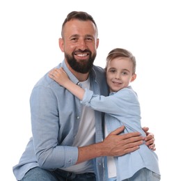 Photo of Family portrait of smiling dad and his son on white background