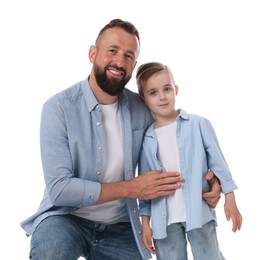 Photo of Family portrait of smiling dad and his son on white background