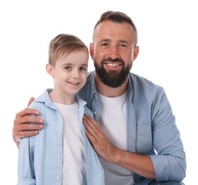 Photo of Family portrait of smiling dad and his son on white background