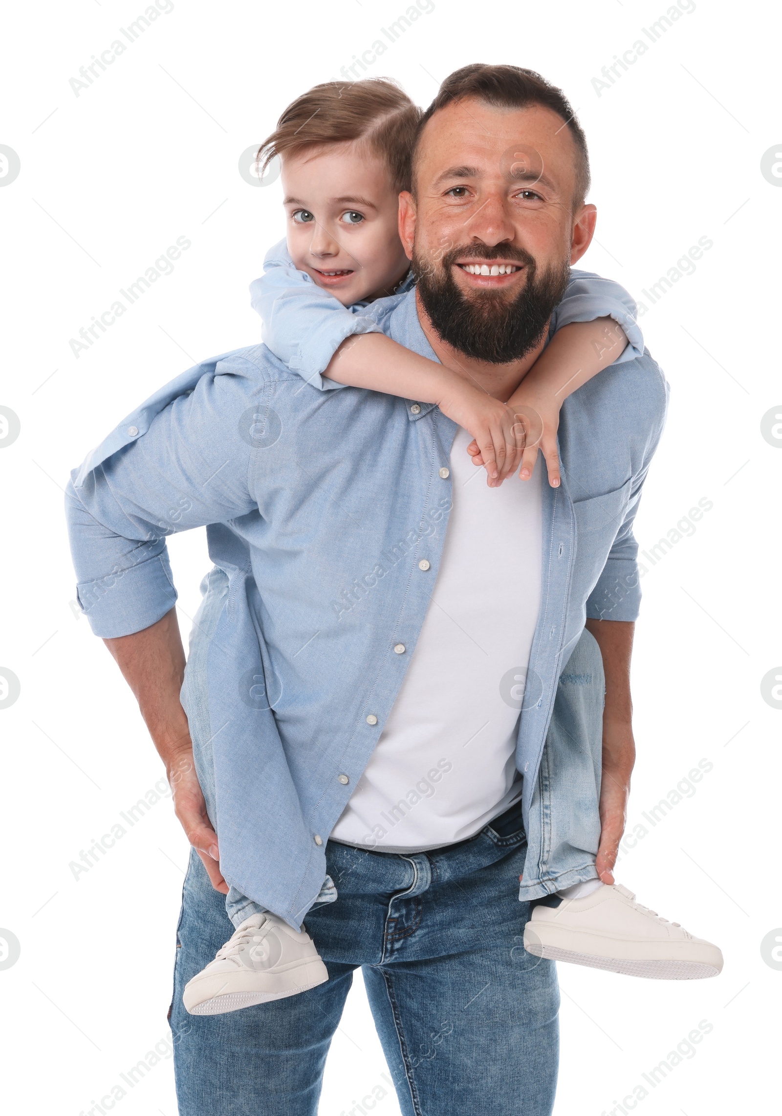 Family portrait of smiling dad and his son on white background Photo of Family portrait of smiling dad and his son on white background