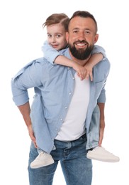 Photo of Family portrait of smiling dad and his son on white background