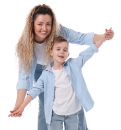 Photo of Family portrait of smiling mother and her son on white background