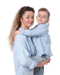 Photo of Family portrait of mother and her son on white background