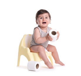 Photo of Cute little baby sitting on potty with toilet paper against white background