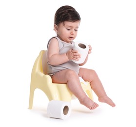 Photo of Cute little baby sitting on potty with toilet paper against white background