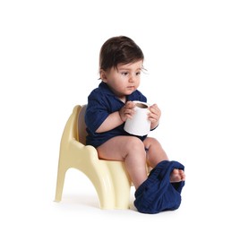Photo of Cute little baby sitting on potty with toilet paper against white background