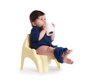 Photo of Cute little baby sitting on potty with toilet paper against white background