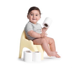Photo of Cute little baby sitting on potty with toilet paper against white background