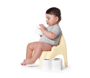 Photo of Cute little baby sitting on potty with toilet paper against white background