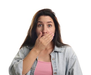 Photo of Woman suffering from panic attack on white background