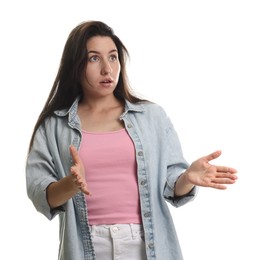 Photo of Woman suffering from panic attack on white background