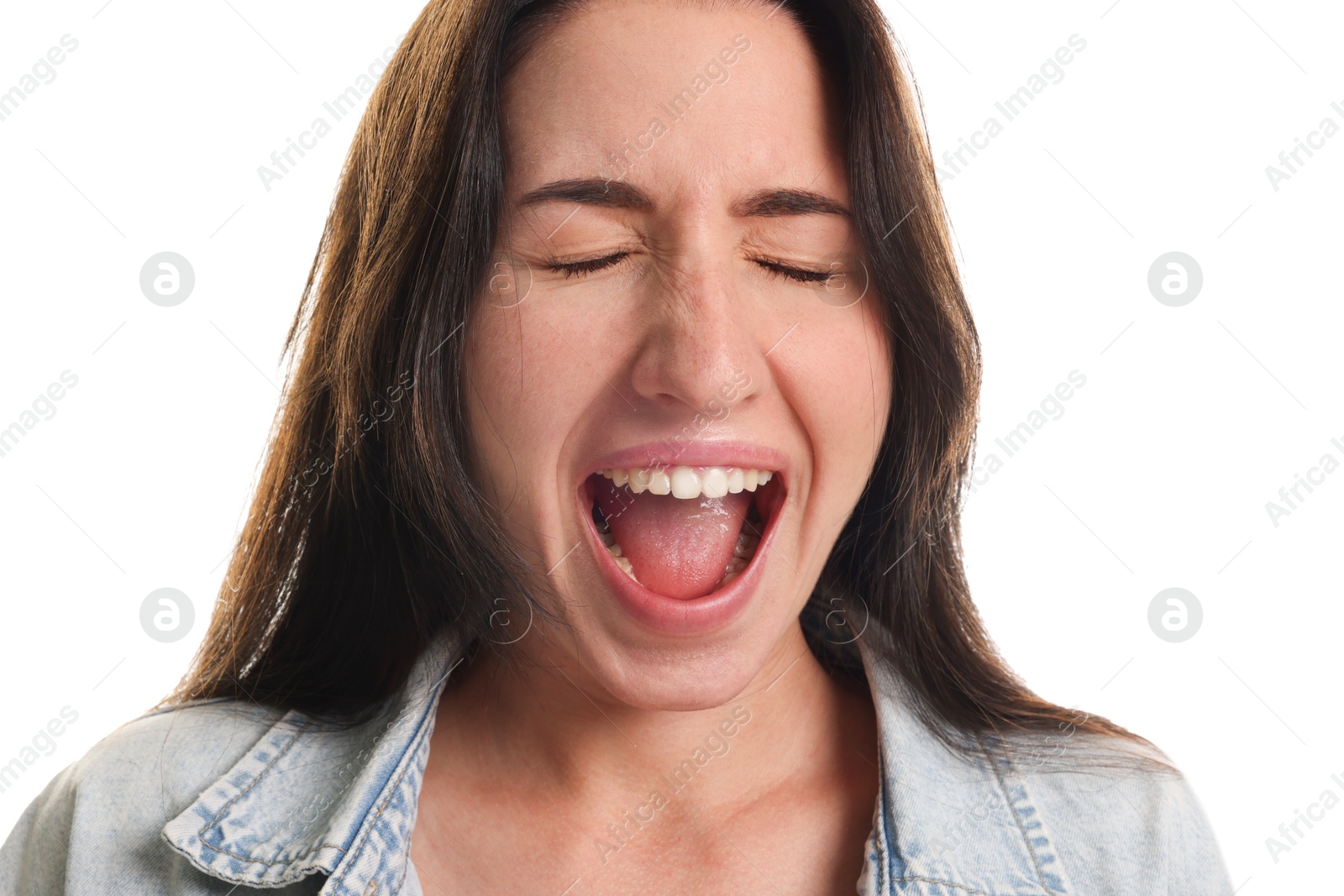 Photo of Emotional woman suffering from panic attack on white background