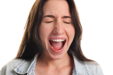Photo of Emotional woman suffering from panic attack on white background