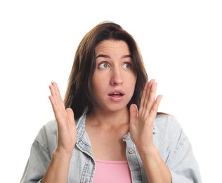 Photo of Woman suffering from panic attack on white background