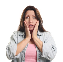 Photo of Woman suffering from panic attack on white background