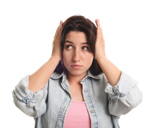 Photo of Woman suffering from panic attack on white background