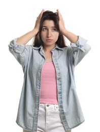 Photo of Woman suffering from panic attack on white background