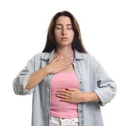 Photo of Panic attack. Woman breathing to calm down on white background