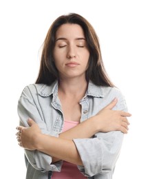 Photo of Panic attack. Woman calming herself down on white background