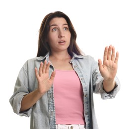 Photo of Woman suffering from panic attack on white background