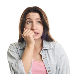 Photo of Woman suffering from panic attack on white background