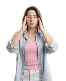 Photo of Panic attack. Woman calming herself down on white background