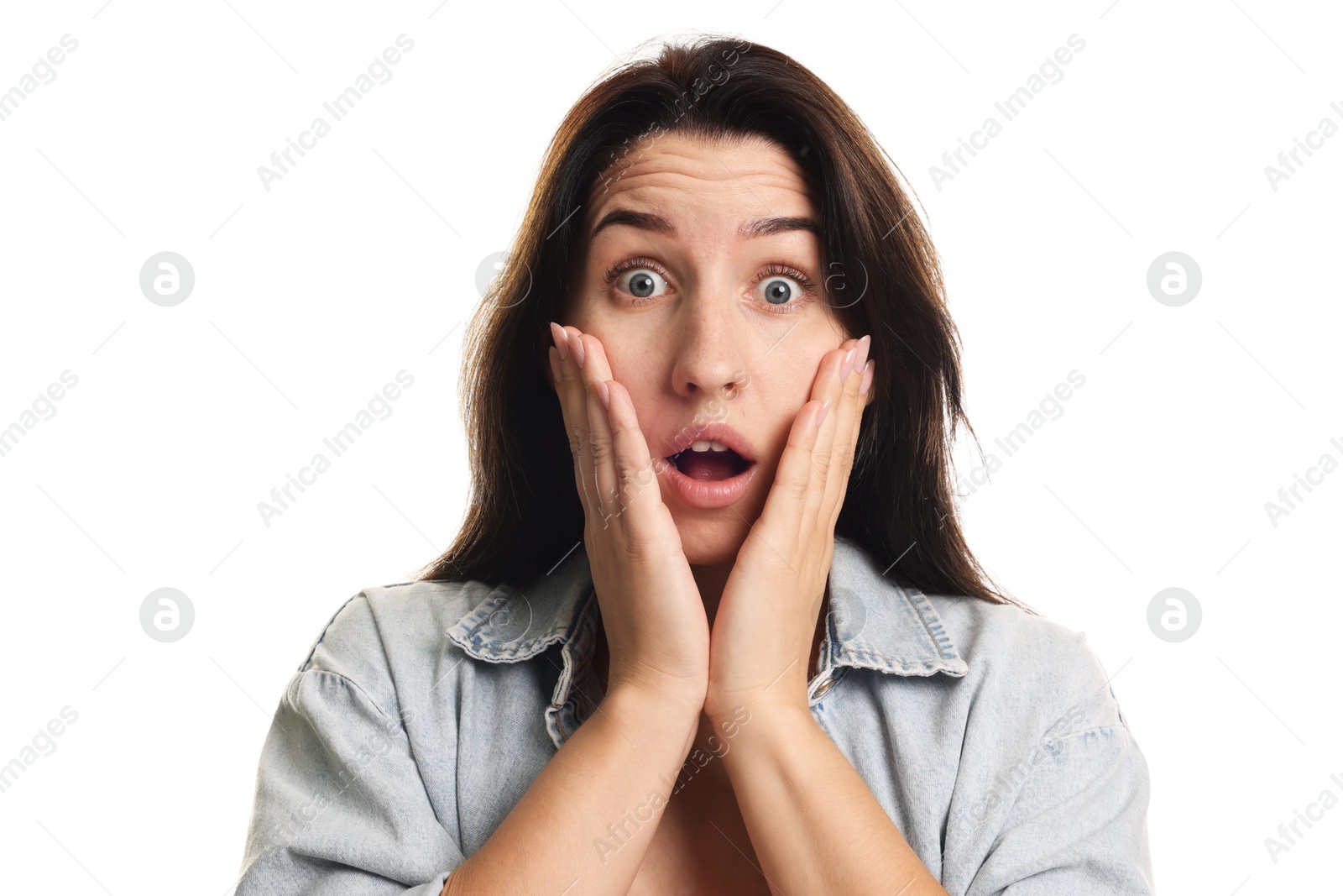 Photo of Woman suffering from panic attack on white background