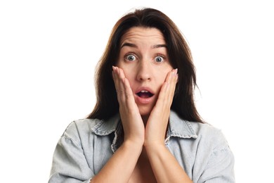 Photo of Woman suffering from panic attack on white background