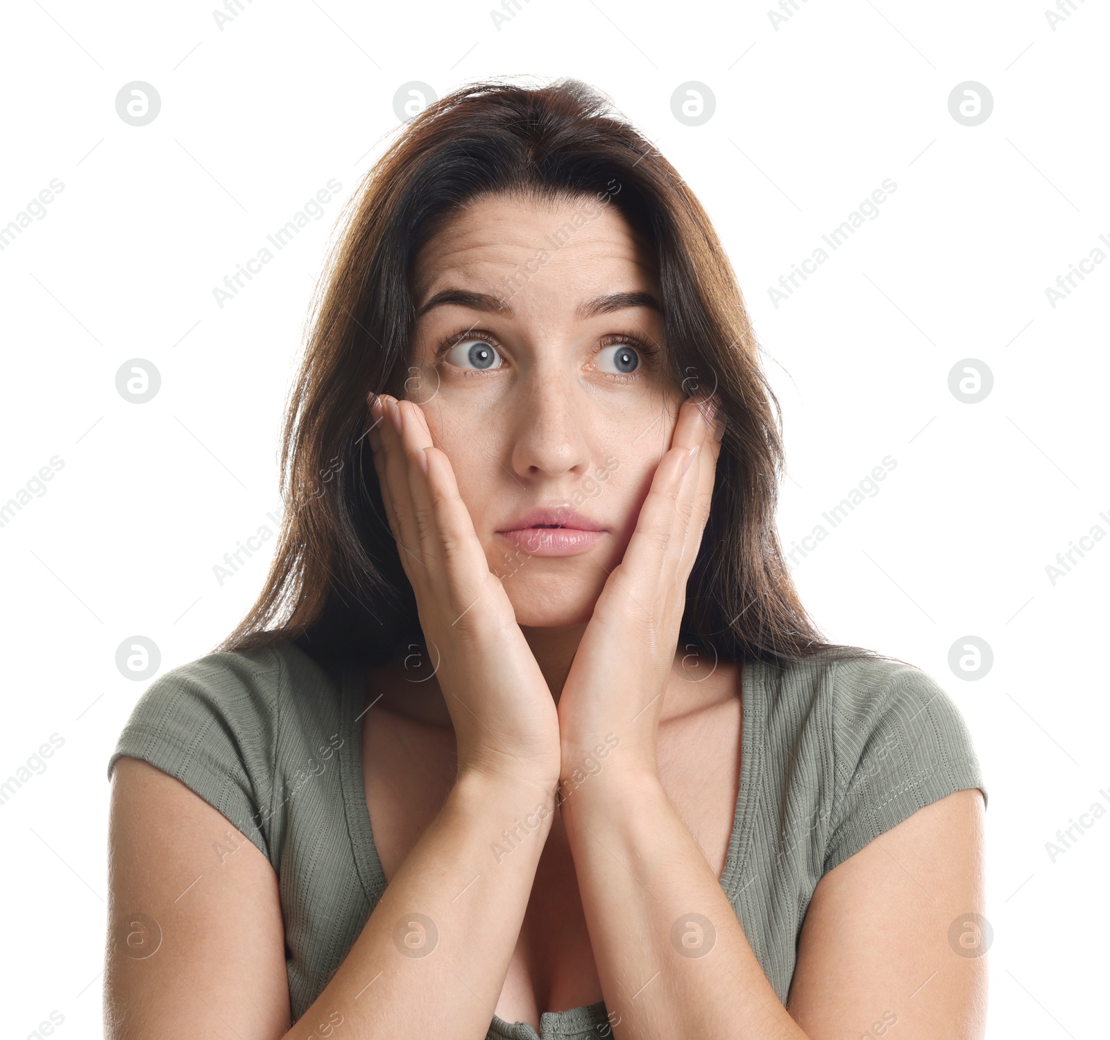 Photo of Woman suffering from panic attack on white background