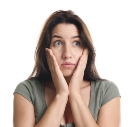 Photo of Woman suffering from panic attack on white background