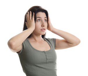Photo of Woman suffering from panic attack on white background