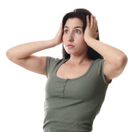 Photo of Woman suffering from panic attack on white background