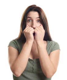 Photo of Woman suffering from panic attack on white background