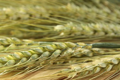 Photo of Green wheat spikes on wooden crate, macro view