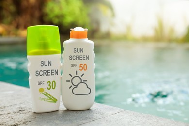 Image of Sunscreens in bottles on swimming pool edge. Sun protection product