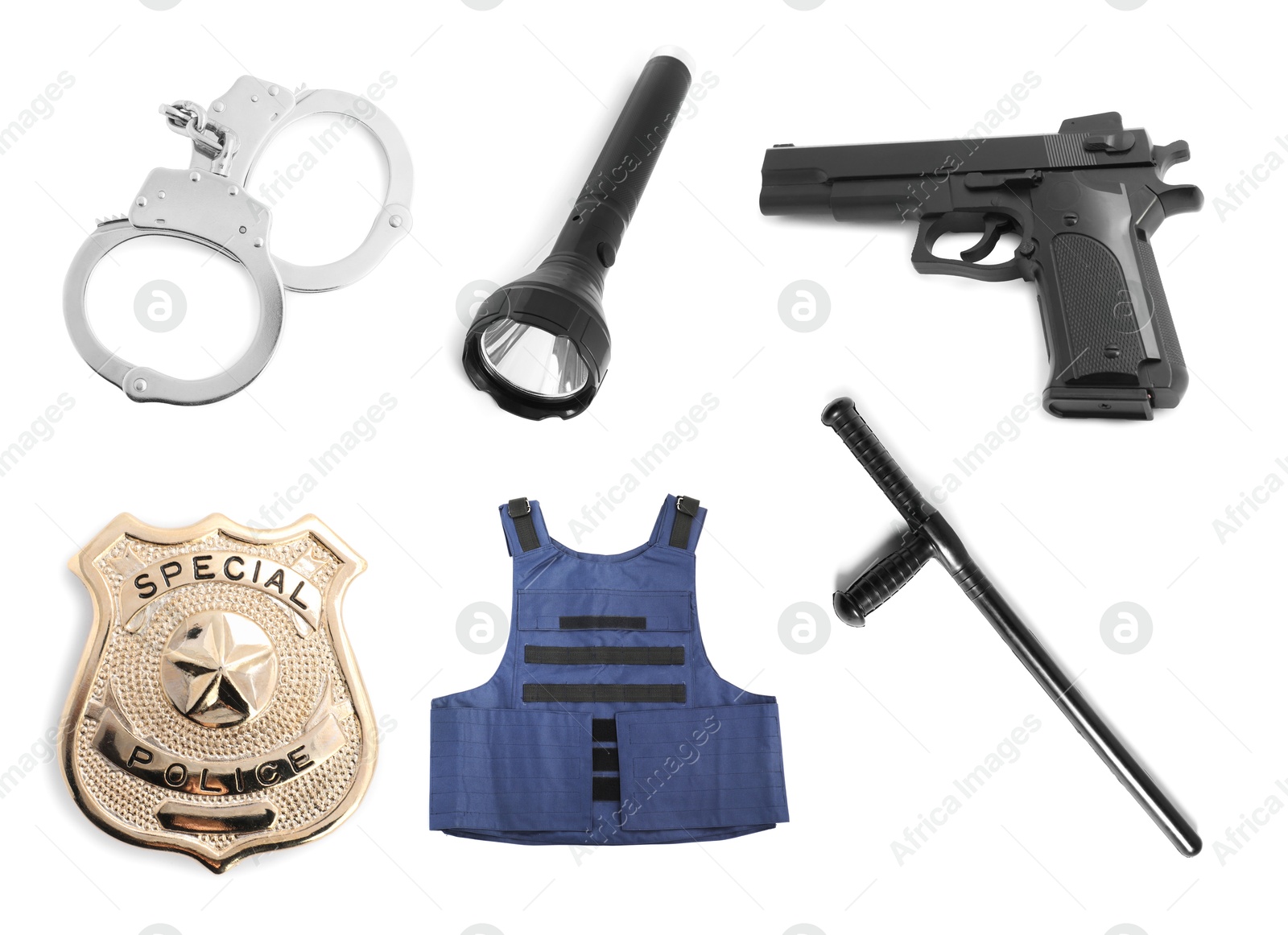 Image of Set of police equipment isolated on white