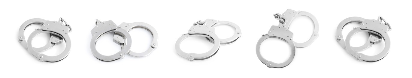 Image of Handcuffs on white background, set. Police equipment